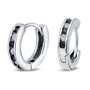 Eternity Huggie Hoop Earrings Channel Round Simulated Black Cubic Zirconia 925 Sterling Silver
